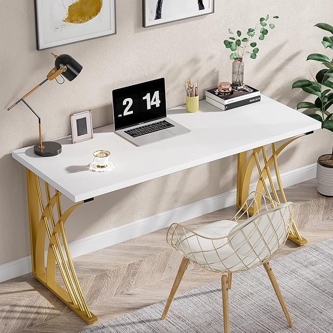 LITTLE TREE 55’’ Large Modern Computer Desk, White & Gold Luxury Laptop PC Student Table, Makeup Vanity Table with Thick Frame & Strong Legs, Sturdy Writing Workstation for Home & Office