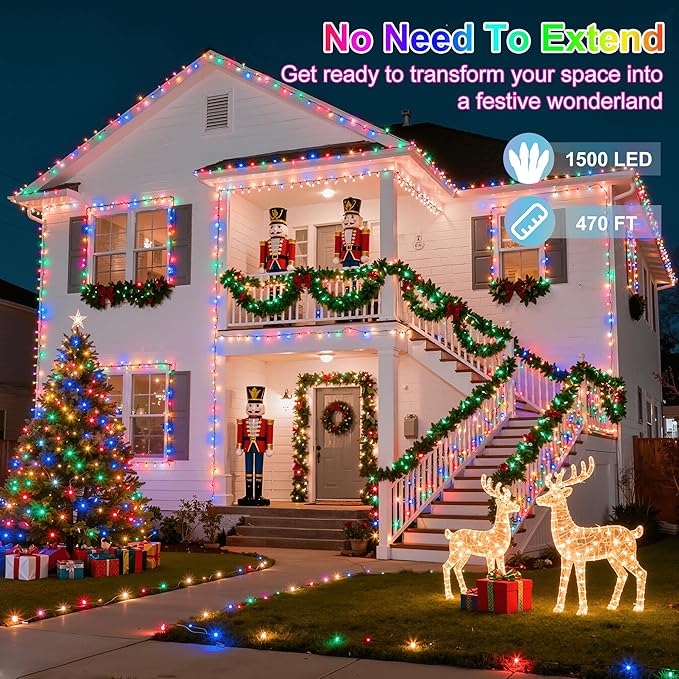 470FT 1500LED Christmas Lights, 12 Modes Multicolor Outdoor String Lights with Timer & Dimmable, Waterproof Green Wire Christmas String Lights for Indoor Tree Xmas Patio Fence Wedding Party Decor