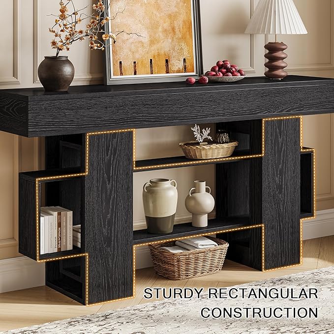63 Inch Long Console Table for Entryway, Modern Wooden Sofa Table Behind Couch with 3-Tier Storage Shelf, Narrow Entry Accent Table for Living Room, Hallway, Foyer, Black
