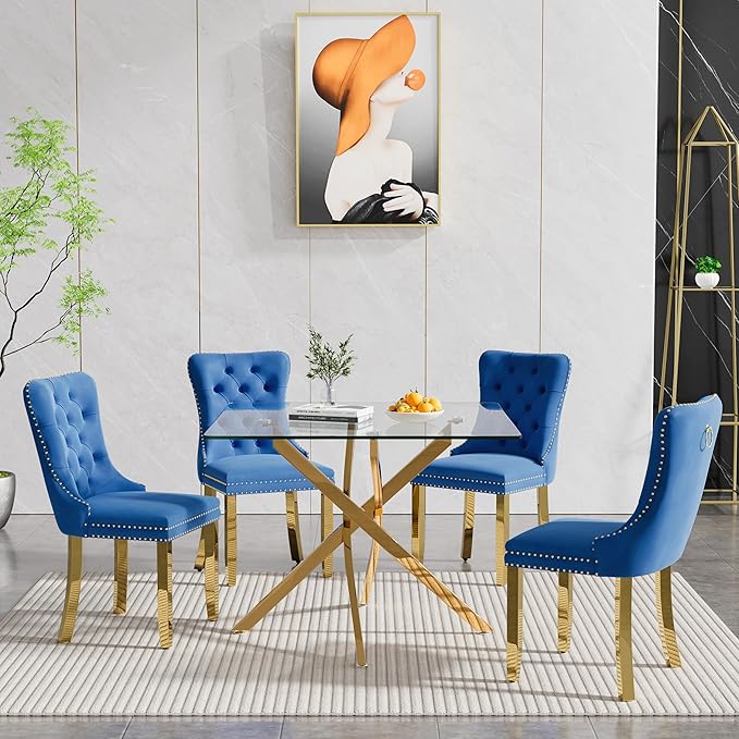 Goujxcy 5 Piece Glass Dining Table Set Modern Small Glass Dining Table Set for 4, 35.43" Square Kitchen Table and 4 Velvet Upholstered Chairs for Kitchen Dining Room, Gold & Blue