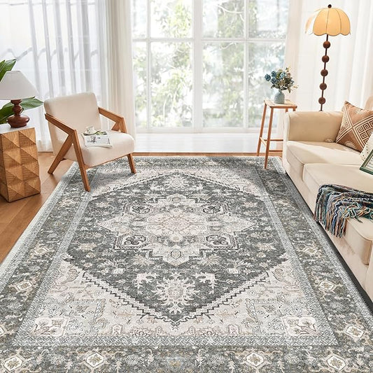 OPPODREAM Thin Area Rugs 4x6, Low-Pile Washable Rugs 4x6 with Non Slip Backing, Faux Cashmere 4 x 6 Throw Carpet, Greenish Grey