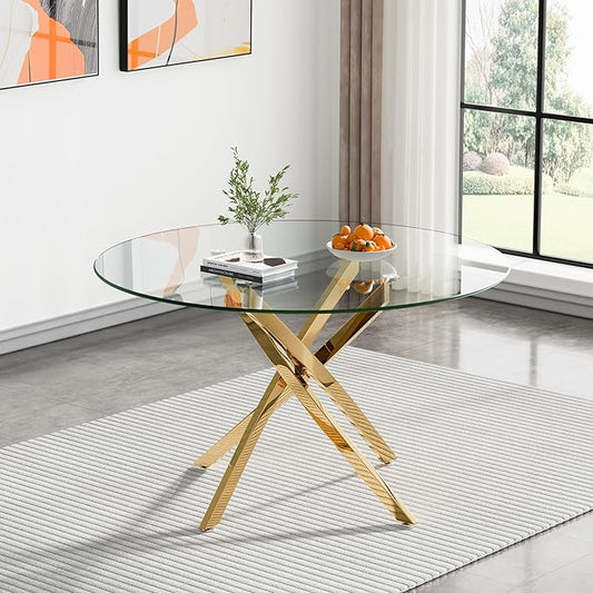 47.24" Round Glass Dining Room Table for 6 with Tempered Glass Top and Gold Chrome Metal Legs, Modern Clear Kitchen and Dinner Table for Home Office Dining Room