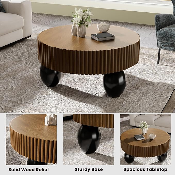Round Fluted Coffee Table for Living Room, 31.5'' Farmhouse Luxury Round Coffee Tables with 3 Sturdy Leg Base, Natural Wood Grain Veneer Handcrafted Relief Tea Table for Apartment Small Space,Brown