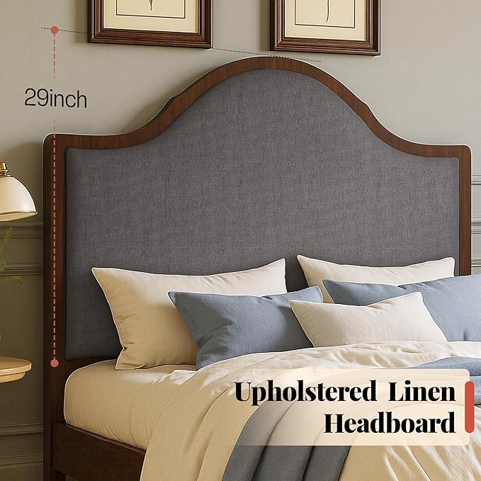 Jocisland Wood Full Size Bed Frame with Tall Upholstered Curved Headboard, Solid Wood Platform, No Box Spring Needed, Wood Slat Support, Brown