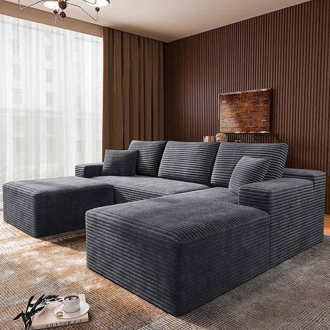 3-Piece Boneless Modular Sectional Sofa, Cloud Couch, Right Facing Chaise with Ottoman, Oversized Deep Seat, Soft Corduroy Fabric, Sectional Couch for Living Room-Grey