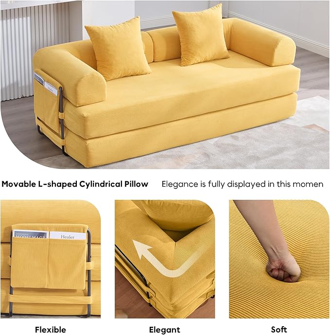 Convertible Sleeper Sofa Bed, Folding Floor Sofa Bed with Fixed-Shape Frame, Corduroy Floor Sleeper Sofa with Storage Pocket, Futon Boneless Sofa Couch for Living Room, Yellow