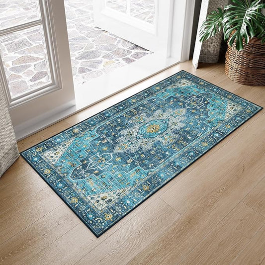 Moynesa 2x4 Teal Vintage Floral Medallion Runner Rug - Machine Washable, Non-Slip, Low Pile, Indoor Use Only