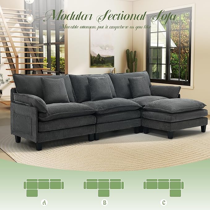 Modular Sectional Sofa, Comfy Cloud Couch with Movable Ottoman, Deep Seat Couches for Living Room, Bedroom and Apartment, 106" L Shaped Modern Sofa with Pillows, Grey