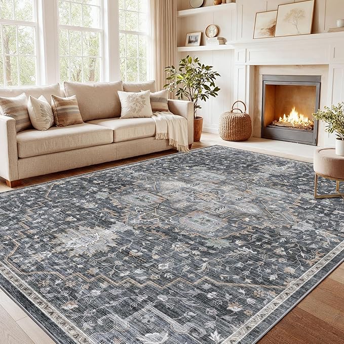 AMADA HOMEFURNISHING 8x10 Washable Area Rug, Low-Profile Large Area Rug with Non-Slip Backing & Durable Edge Binding, Vintage Large Rugs for Living Room, Bedroom, Dinning Room