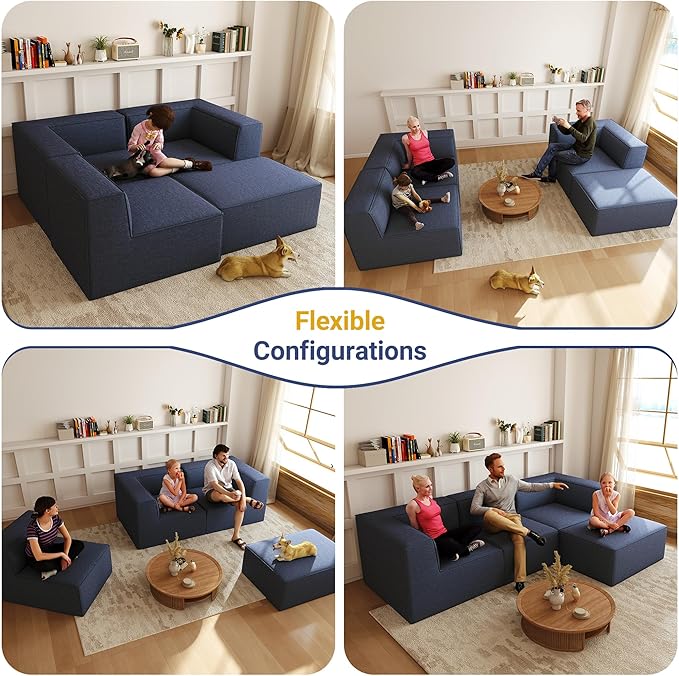 106" Sectional Compressed Sofa Modular Couches L-Shape with Chaise,High-Density Foam No Assembly Required,4-Piece(2xCorner 1xArmless 1xOttoman) for Living Room Chenille Blue