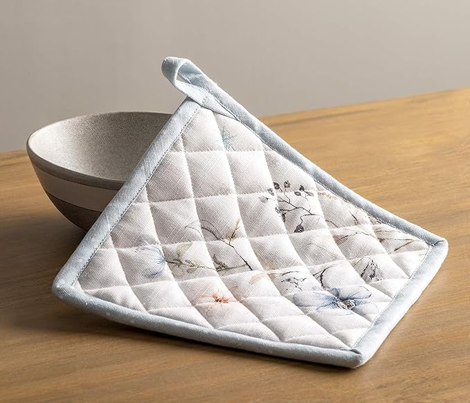 Maison d' Hermine 100% Cotton Oven Mitt & Pot Holder Set (7.5"x13" & 8"x8") Heat Resistant BBQ Cooking Gloves with Loop for Thanksgiving Christmas Decorations Handling Hot Pans (Ice Florals)