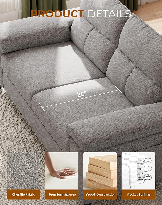 88.97" Modern Sofa Couches for Living Room, Deep Seat Sofas with 8”Cushion, Comfy 2-Seater Chenille Loveseat with Convertible Armrest, Removable Sofa Cover, High Leg(Light Gray)