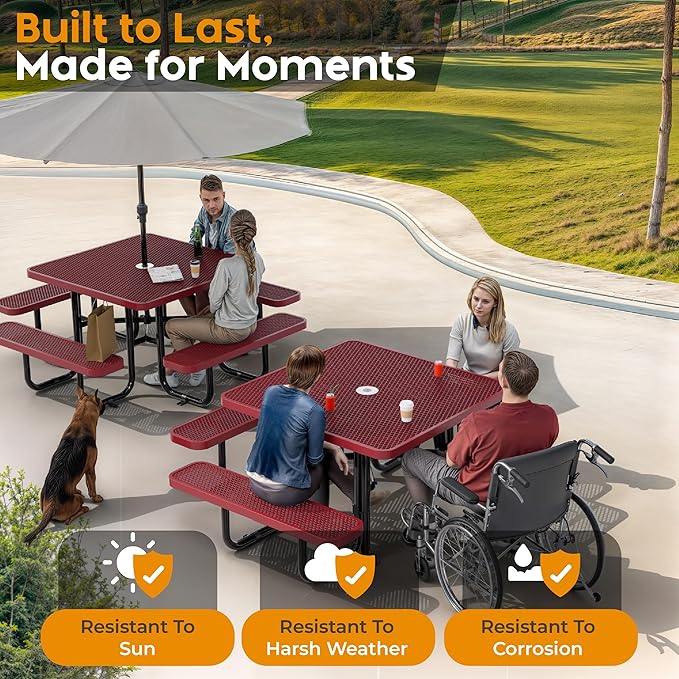 Metal Picnic Tables for Outdoors with Umbrella Hole - Coated Steel Heavy Duty Commercial Grade Furniture with Adjustable Seats (Red, 46 in, Square, Expanded Steel)