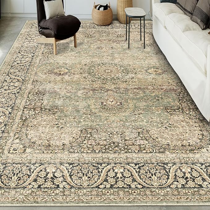 Area Rug 9x12 Olive Charcoal Area Rug 9x12 Indoor Vintage Living Room Carpet Washable Distressed Rug Retro Accent Throw Rug for Office Dining Room Nursery (Olive Charcoal, 9x12 ft)