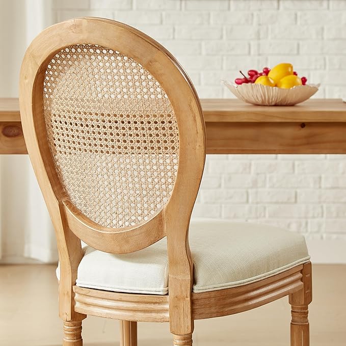 Nrizc Farmhouse Fabric Dining Room Chairs Set of 6, French Chairs with Round Back, Rattan Dining Chair, Oval Side Chair for Dining Room/Kitchen/Restaurant