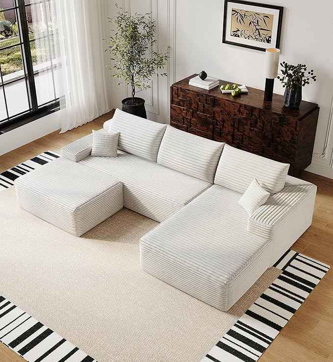 108" Sectional Couches for Living Room Modern Modular Sofa with L-Shape Couchs Upholstered Boneless Couch Deep Seat Sectional Couch with Chaise (White, Right Facing Chaise+2Seaters+1Ottoman)