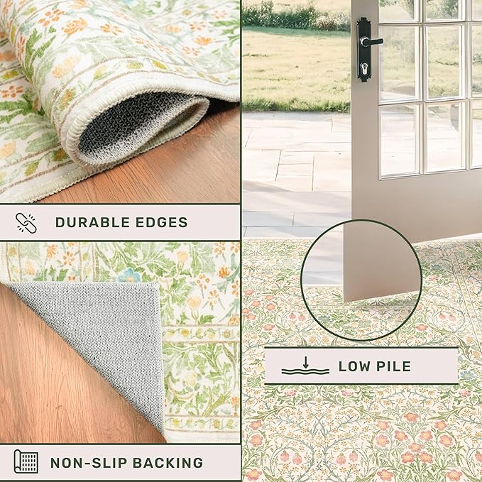 Washable Beige Green 2x10 Runner Rug for Hallway Kitchen Entryway Laundry Room, Non-Slip Stain Resistant Long Floor Mat, Vintage Floral Aethestic Design (Beige Green 2x10)