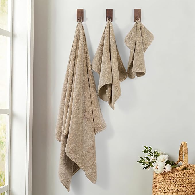 Ring Spun Terry Microfiber Bath Towel Set, 3 Piece, Oversize, Quick Dry, Lint Free, Includes Bath, face, and Hand Towels (Beige)