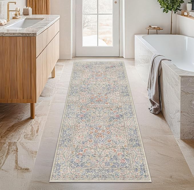 Washable Bathroom Runner Rug 2x6 - Long Runner Rugs for Laundry Room, Bedroom, 24 x 72 Kitchen Floor Mat - Non Slip Vintage Design Décor, Beige Blue