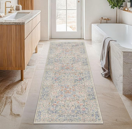 Washable Bathroom Runner Rug 2x6 - Long Runner Rugs for Laundry Room, Bedroom, 24 x 72 Kitchen Floor Mat - Non Slip Vintage Design Décor, Beige Blue