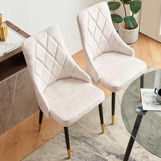 NORDICANA Upholstered Velvet Dining Chair Set of 2, Beige Armless Side Chair with Metal Legs for Home Kitchen