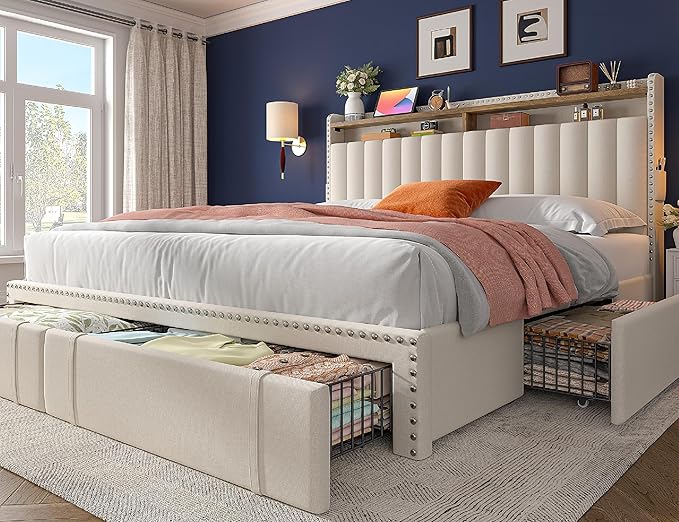 EnHomee King Size Bed Frame, Upholstered King Bed Frame with 4 Storage Drawers & 2-Tier Headboard Shelves, 1200LBS Heavy Duty, No Box Spring Needed, Easy Assembly, Beige