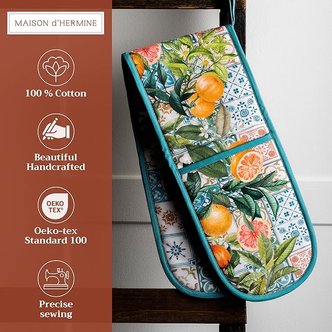 Maison d' Hermine Double Oven Mitts 100% Cotton 7"x35" Double Oven Mitt Heat Resistant BBQ Cooking Gloves with Loop, Baking, Grilling, Home, Kitchen, Handling Hot Pans Spring Summer (Agrume)