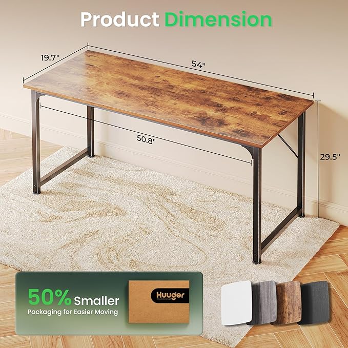 Huuger Computer Desk, 55 Inch Home Office Desk, Gaming Writing Work from Home Study Desk, Large Legroom, Sturdy Metal Frame, Modern Simple, Rustic Brown