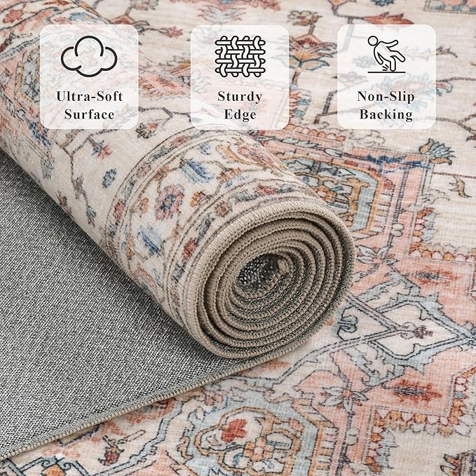 6x9 Area Rugs for Living Room Ultra-Soft Washable Rug Vintage Distressed Boho Area Rug, Non-Slip Retro Print Low Pile Stain Resistant Carpet for Bedroom Dining Room Kitchen Office