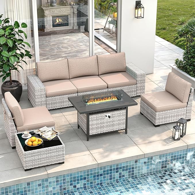7 Piece Outdoor Wicker Rattan Sectional Sofa Set with Fire Pit Table, 5-Seats Conversation Set with 4" Thickened Cushions & Coffee Table, All-Weather PE Rattan for Garden, Backyard, Porch, Beige