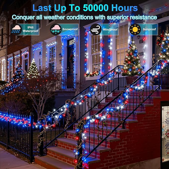 1500LED Christmas Lights Outdoor Use, 470ft 12 Modes Red Blue and White LED String Lights with Timer Dimmable, Waterproof Christmas Tree Lights for Xmas Patio Yard Fence Balcony Garden Decor