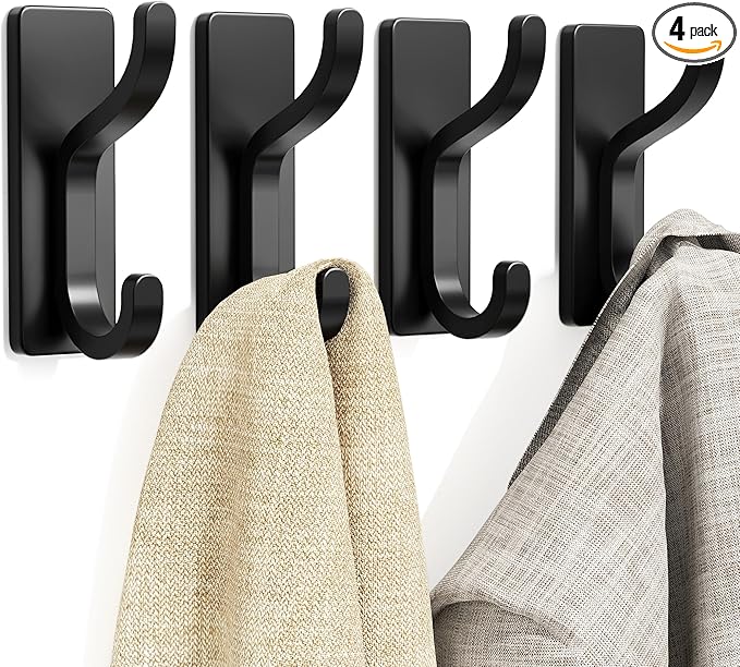pickpiff Adhesive Wall Coat Hooks - Heavy Duty Stick-On Door Hanger, Metal Hook for Hanging Towel,Purse, Robe, Backpack, Jacket, Clothes - for Bathroom,Dorm, Closet, Kitchen - Black, 4 Pack
