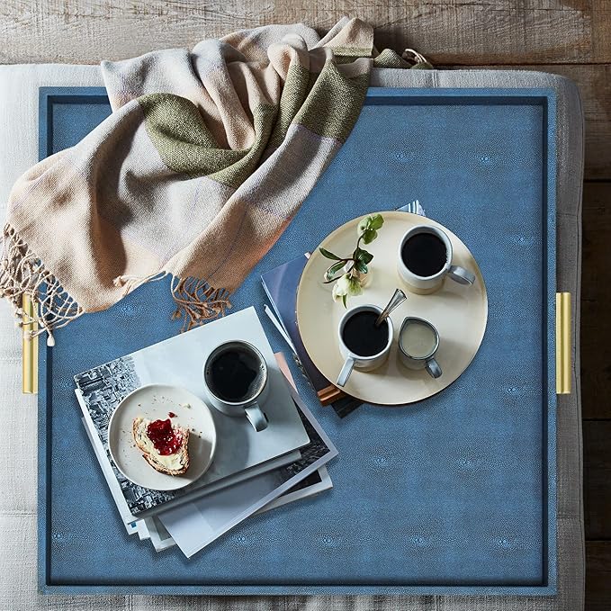 HofferRuffer Extra Large Square Serving Tray, Elegant Faux Leather Ottoman Tray with Gold Hardware Handles, Serve Tea, Coffee or Breakfast in Bed, 24 x 24 inches (Navy Blue Shagreen)