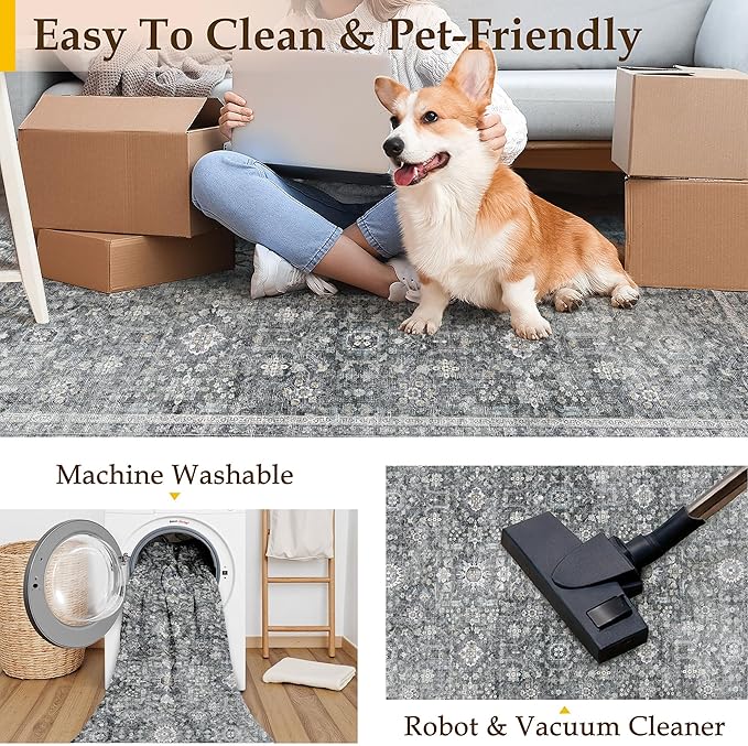 Blue 2x3 Entryway Area Rug Machine Washable Door Mat Kitchen Vintage Distressed Non Slip Carpet Indoor Traditional Floral Accent Throw Small Rug for Bathroom Office Bedroom Living Dining Room