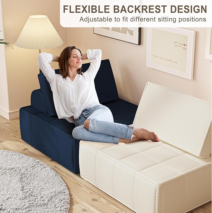 PurrJoys Modular Sectional Sofa, 35" Corduroy Sofa Sleeper Deep Seat Sofa with Adjustable Backrest, Small Couch for Small Spaces, Living Room, Bedroom, Apartment,Blue Office Couch