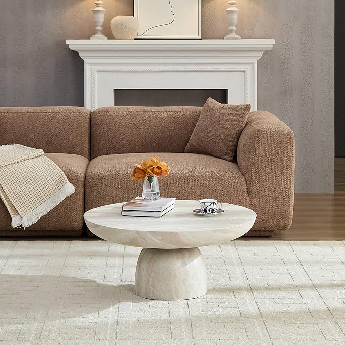 31.5" Round Coffee Table for Living Room,Cave's Stone Surface Fiberglass,Beige