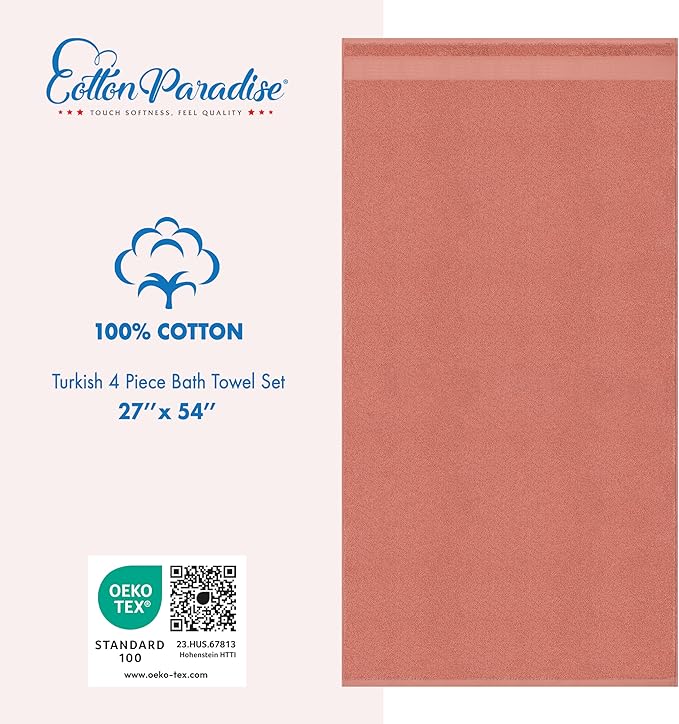 Cotton Paradise 4 Piece Turkish Bath Towels for Bathroom, 100% Cotton Extra Large Soft Plush Towels Bathroom Set, Coral