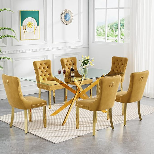 Goujxcy 7 Piece Glass Dining Table Set Modern Glass Dining Table Set for 6, 61" Rectangular Kitchen Table and 6 Velvet Upholstered Chairs, Gold Table & Gold Chair