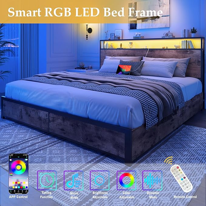 Lifezone King Bed Frame with 2-Tier Storage Headboard, Metal Platform Bed Frame with 4 Storage Drawers, Built in Charging Station & LED, Noise-Free/Metal Support/No Box Spring Needed, Vintage Brown