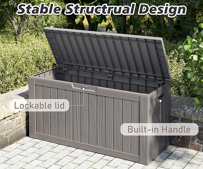 Outdoor Storage Box, Resin Deck Boxes Indoor and outdoor, Waterproof Storage Box Lockable Lid (Grey, 75 Gallon)