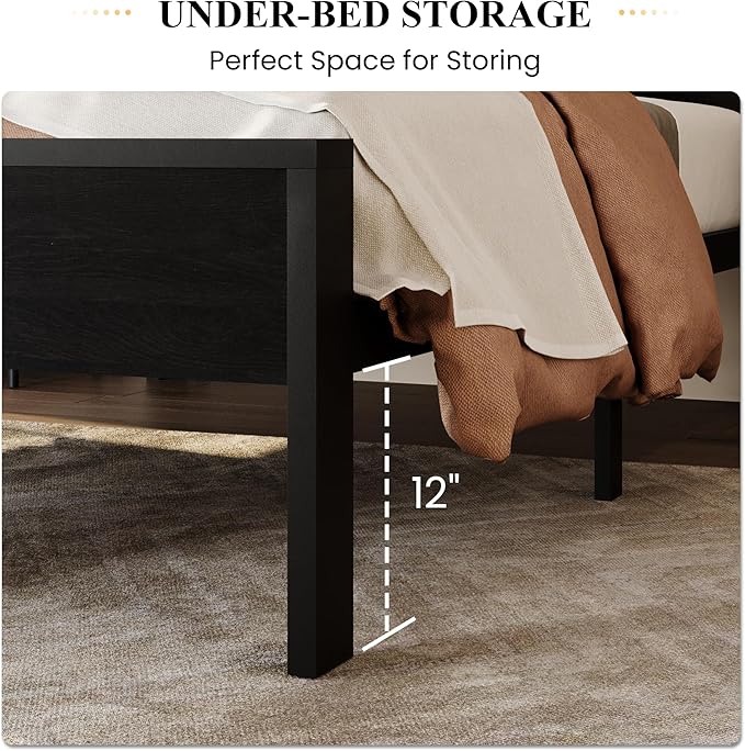 SHA CERLIN 14 Inch Twin Size Metal Platform Bed Frame with Wooden Headboard and Footboard, Mattress Foundation, No Box Spring Needed, Large Under Bed Storage, Heavy Duty Slats Support, Black Oak