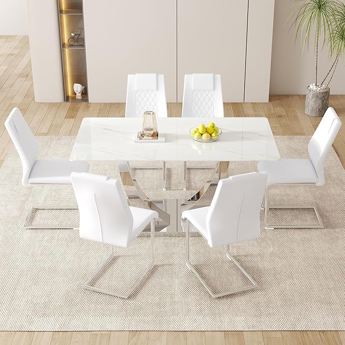 AZmac 63" Modern Dining Table Set for 6, White Dining Room Set for 6, Tempered Glass Kitchen Table and PU Leather Chairs, Marble Pattern Top with Sturdy Silver Chrome Base