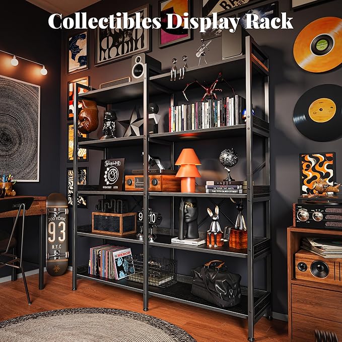 Huuger 5 Tier Bookshelf, Display Bookshelf with 10 Open Shelves and Raised Baffle, 47.2 Inch Straight Wide Bookcase with Metal Frame and Wooden Board, Adjustable Feet, Black