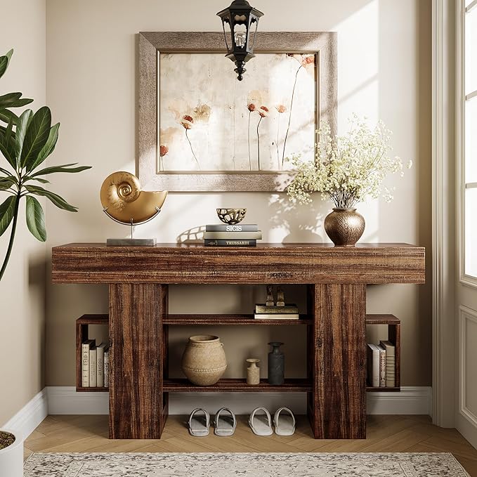 63 Inch Long Console Table for Entryway, Farmhouse Wooden Sofa Table Behind Couch with 3-Tier Storage Shelf, Narrow Entry Accent Table for Living Room, Hallway, Foyer, Rustic Brown