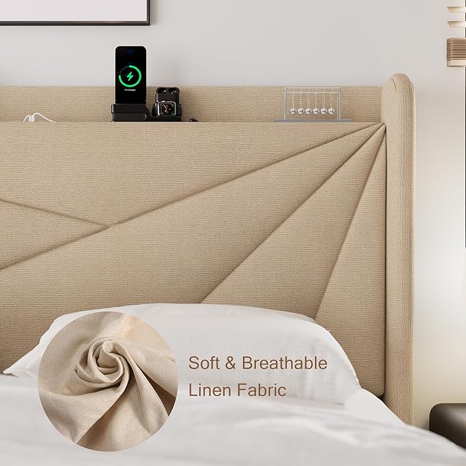 Queen Size Upholstered Bed Frame with Charging Station, Platform Bed Frame with Storage Headboard, Solid Wood Slats Support, No Box Spring Needed, Beige