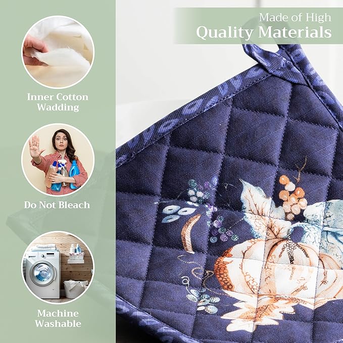 Maison d' Hermine Pot Holders Set 100% Cotton Heat Resistant Potholders 8" x 8" Hot Pads with Loop for Thanksgiving Christmas Decorations BBQ Baking Handling Hot Pans (Pack of 2, Pumpkin Blues)