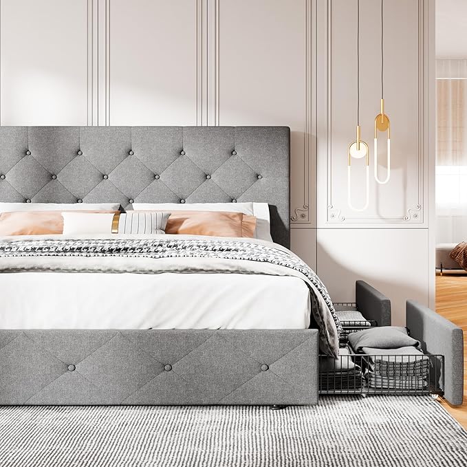 MUTICOR Full Size Bed Frame with 4 Storage Drawers, Upholstered Platform Bed with Button Tufted Adjustable Headboard, No Box Spring Needed, Easy Assembly, Diamond Tufted, Light Grey Fabric
