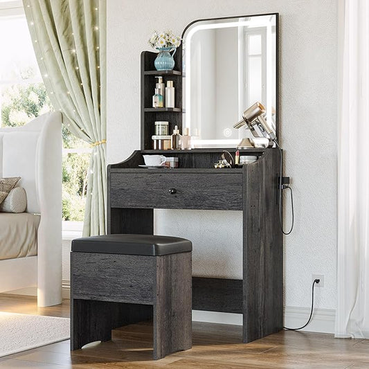 LIKIMIO Small Makeup Vanity Desk with Mirror and Lights, Vanity Table Set with Storage Drawer, Chair and Three Shelves, Bedroom, Charcoal Grey