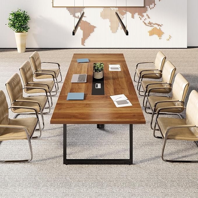 LITTLE TREE 8FT Conference Table for 10 People, Large Meeting Table, Modern Conference Room Tables with Cable Management, Training Tables with Strong Metal Legs for Office, Brown