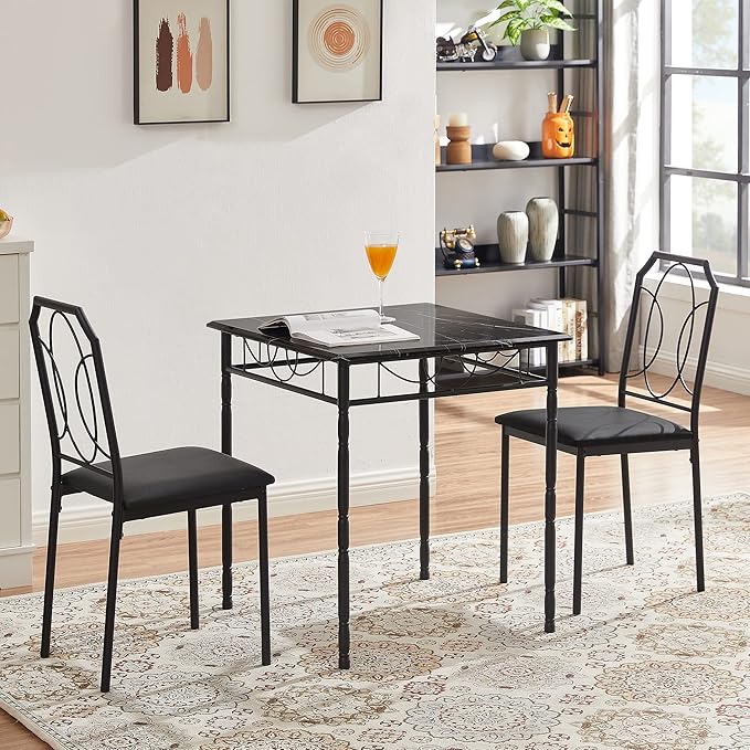 VECELO 3 Piece Dining Table Set for 2, Dinette with Chairs for Kitchen, Breakfast Nook, Small Space,Easy Assembly